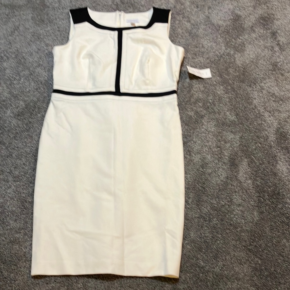 Size 14 Charter Club sheath dress. New with tags. Vanilla Bean with navy trim.